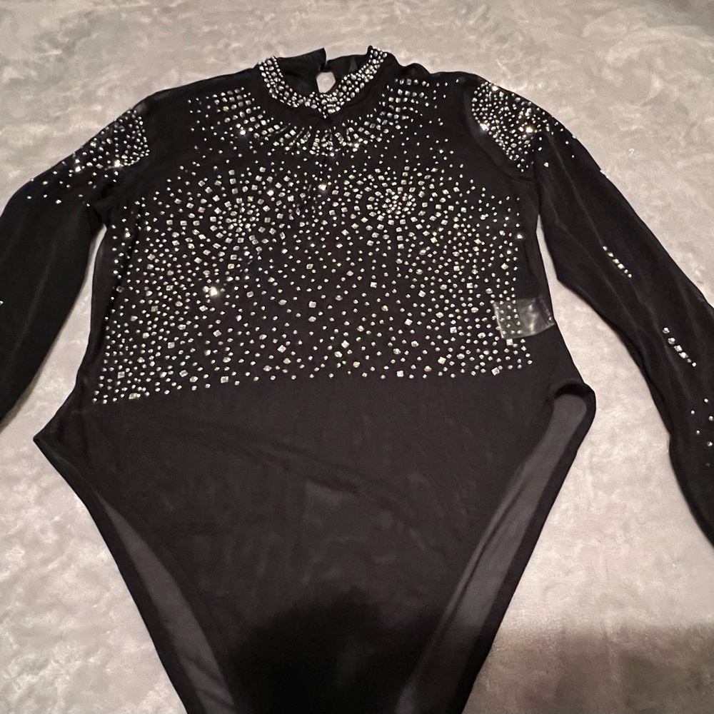Black Rhinestone Embellished Bodysuit